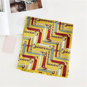 Silk square scarf for women, elegant yellow chain print neckerchief, spring autumn fashion decoration.