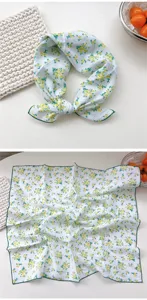 Floral cotton small square scarf for women, elegant yellow flower neckerchief headband.