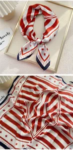 Vista dettagliata del foulard quadrato in seta con stelle rosso bianco blu da donna.