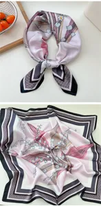 Detailed view of pink floral silk square scarf, featuring lily design and classic chain border.