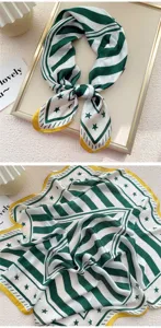 Foulard quadrato in seta a righe verde bianco stella donna 70cm accessorio elegante camicia