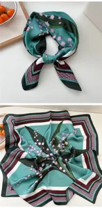 Silk square scarf for women, elegant floral and geometric design for neck and hair styling.