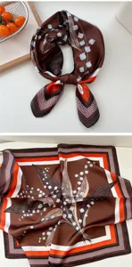 Brown floral square silk scarf for women, elegant spring and autumn neckerchief and hair accessory.