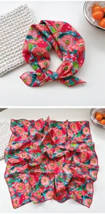 Floral print cotton square scarf, stylish neckerchief and headscarf for women, spring and summer.
