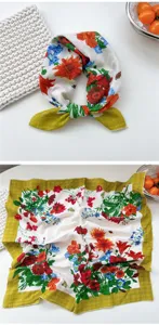 Cotton floral square scarf for women, stylish spring summer neckerchief and hair band accessory.