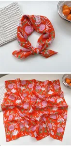 Orange floral cotton square scarf for women, stylish spring summer neckerchief and headwear.