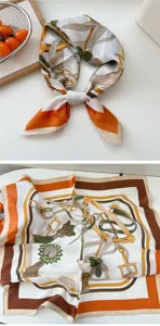 Luxury silk square scarf with classic equestrian chain and belt print for women stylish look.