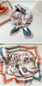 Women stylish silk square scarf with classic equestrian belt print, perfect neck accessory.