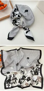 Chic black and white floral square silk scarf for women, elegant neck and hair styling accessory.