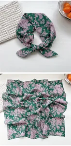 Green floral print cotton square scarf detail, elegant floral pattern for daily wear.