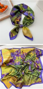 Artistic oil painting print silk square scarf, elegant neckerchief for women daily style.