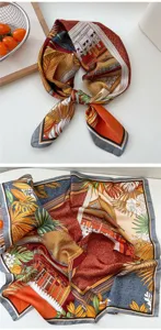 Silk square scarf with exquisite architectural and tropical leaf print, elegant neckerchief accessory.