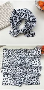 Black and white leopard print cotton square scarf, stylish neckerchief and headscarf for women.