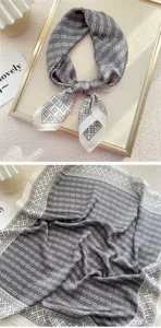 Sciarpa quadrata in seta stampa catena grigia donna dettaglio, elegante fazzoletto da collo.