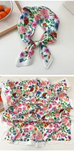 Elegant 70cm silk small square scarf with vibrant vintage floral print, chic neck accessory.