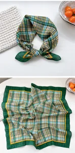 Green plaid small square scarf for women, chic neckerchief and hair band for daily wear.