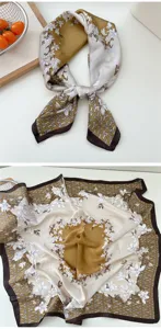 Detailed view of silk square scarf with floral print and chevron border for women decoration.