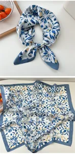 Blue and white floral print silk square scarf for women, elegant neck scarf or hair accessory.
