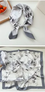 Silk scarf for women, elegant black and white bamboo print design, stylish neckerchief.