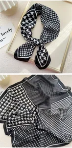 Foulard quadrato in seta con motivo pied-de-poule e pois nero e bianco elegante donna.
