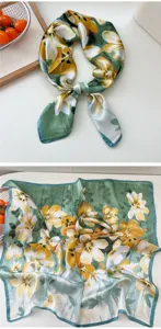 Green floral silk square scarf for women, elegant spring and autumn neckerchief, stylish hair band.
