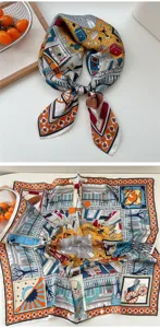 Luxury style printed silk square scarf for women, elegant neckerchief and retro hair accessory.