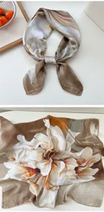 Detailed view of brown floral silk scarf, square neckerchief, stylish neck accessory.