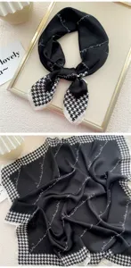 Foulard quadrato in seta nera e bianca con classico motivo pied-de-poule per donna.