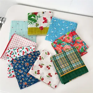 Cotton small square scarf stylish floral plaid cherry headscarf neckerchief for women