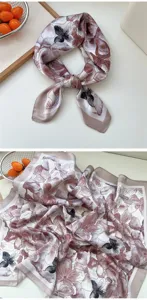 Floral print silk scarf detail, elegant pink square neckerchief for women decoration.