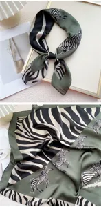 Green zebra print silk scarf detail, elegant styling square scarf for women's daily wear.
