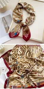 Chic 70cm square silk scarf for women, featuring a trendy leopard zebra and geometric print.