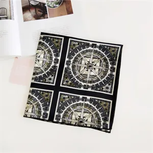 Fashion black and gold compass silk square scarf, elegant 50cm neckerchief for women.