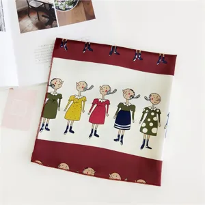Detail view of 50cm satin square silk scarf featuring vintage cute cartoon women print, soft fabric.