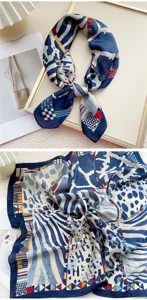 Elegant blue geometric pattern silk square scarf for women, fashionable neckerchief accessory.
