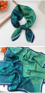 Elegant 70x70cm silk square scarf for women, stylish green paisley neckerchief accessory.