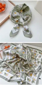 Women silk square scarf 70x70cm floral neckerchief vintage green floral print neck scarf for summer