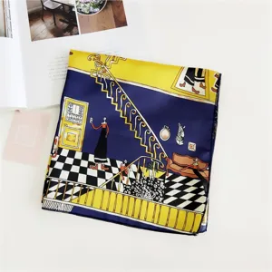 Stylish artistic print square silk scarf for women, elegant neckerchief for daily wear.