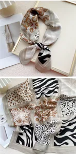 Chic leopard zebra patchwork square silk scarf for women, elegant lightweight neck accessory.