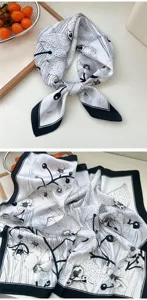 Black and white floral print silk scarf, square neckerchief for women spring and summer decor.