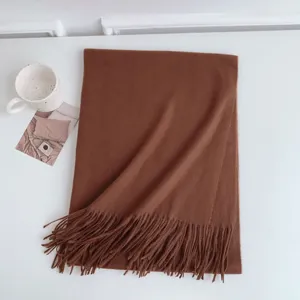 Brown imitation cashmere fringed scarf, solid color solid winter warm scarf for women.