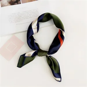 Silk scarf square 50cm green navy orange color block neckerchief women decorative elegant