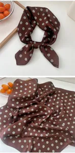 Brown polka dot silk square scarf for women, lightweight neckerchief for spring summer.