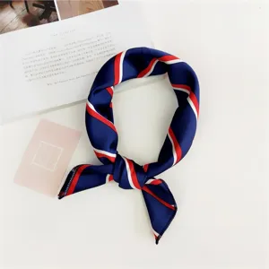Blue red white striped small silk scarf, fashionable neckerchief for women, elegant daily accessory.