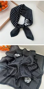 Black and white polka dot small square scarf with camellia flower print, chic neck neckerchief for women.