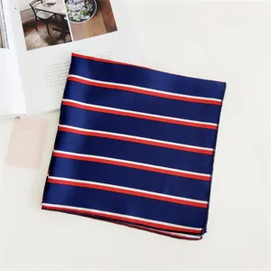 Blue silk square scarf with red and white stripes, elegant neckerchief for women daily wear.