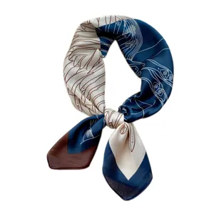 Elegant 70cm silk feel square scarf for women, chic blue and white artistic print neckerchief.