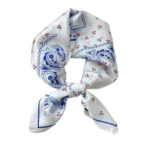 Silk scarf for women, 70x70cm square neckerchief with paisley and cherry print for daily wear.