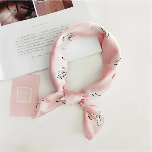 Pink swan print silk small square scarf, elegant neckerchief for women fashion accessory.