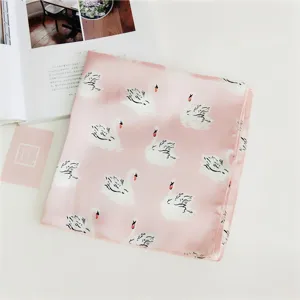Pink swan print small square silk scarf women spring summer fashion neckerchief accessory